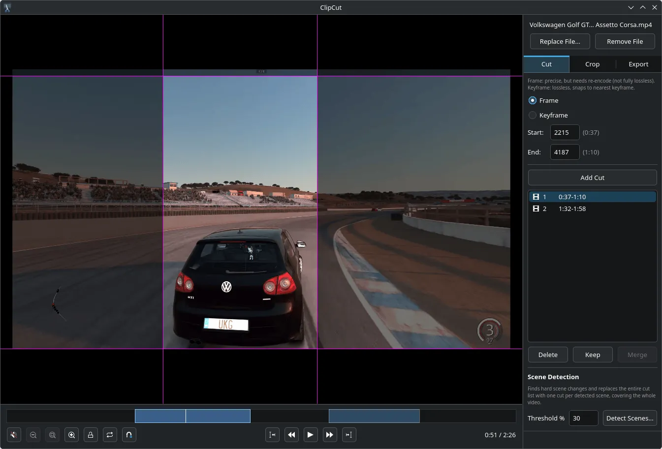 ClipCut's cut screen, with a video loaded and two cuts marked on the timeline