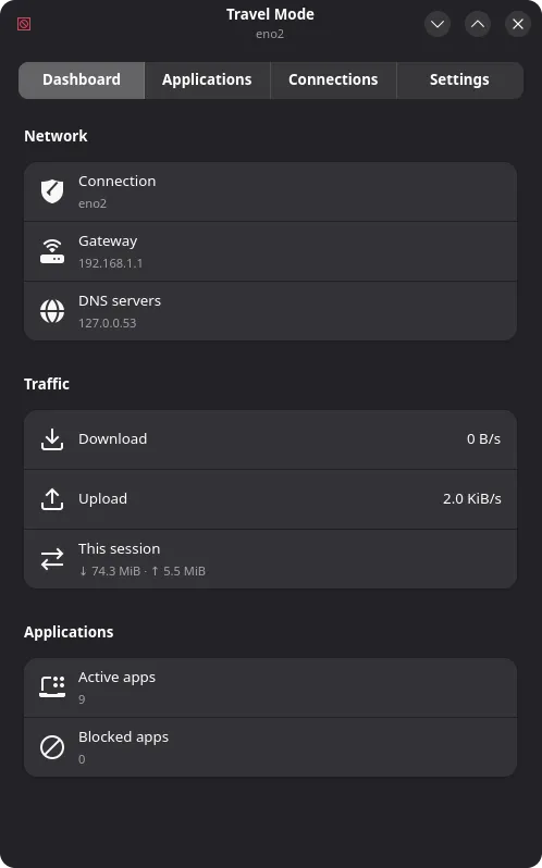 Travel Mode's dashboard, showing network info, live traffic, and active/blocked app counts